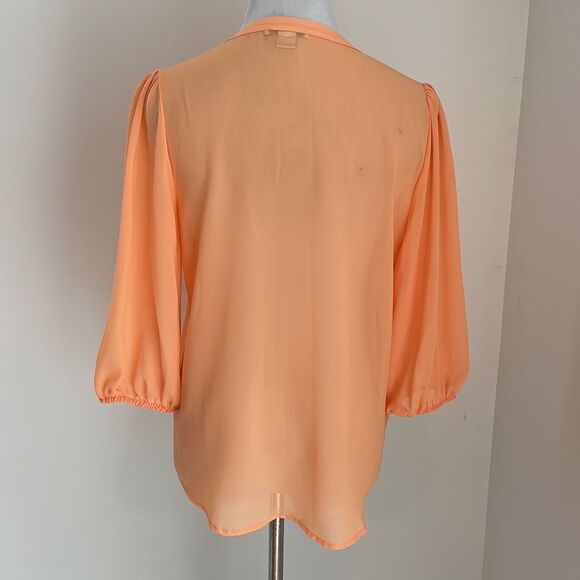 Sherbet orange button down blouse W/ front gather accents elastic sleeves size S - Picture 6 of 7